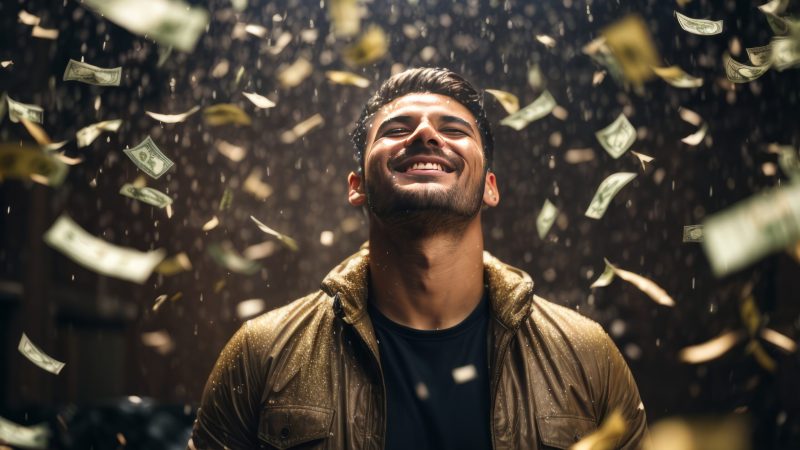 handsome-happy-brunette-man-is-standing-rain-money-dollars-black-background-smiling-wealth-success-happiness-freedom-concepts